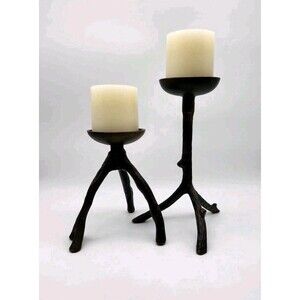 Black Cast Iron Metal Tree Branch Candle Holder Pair Heavy Duty Rustic.